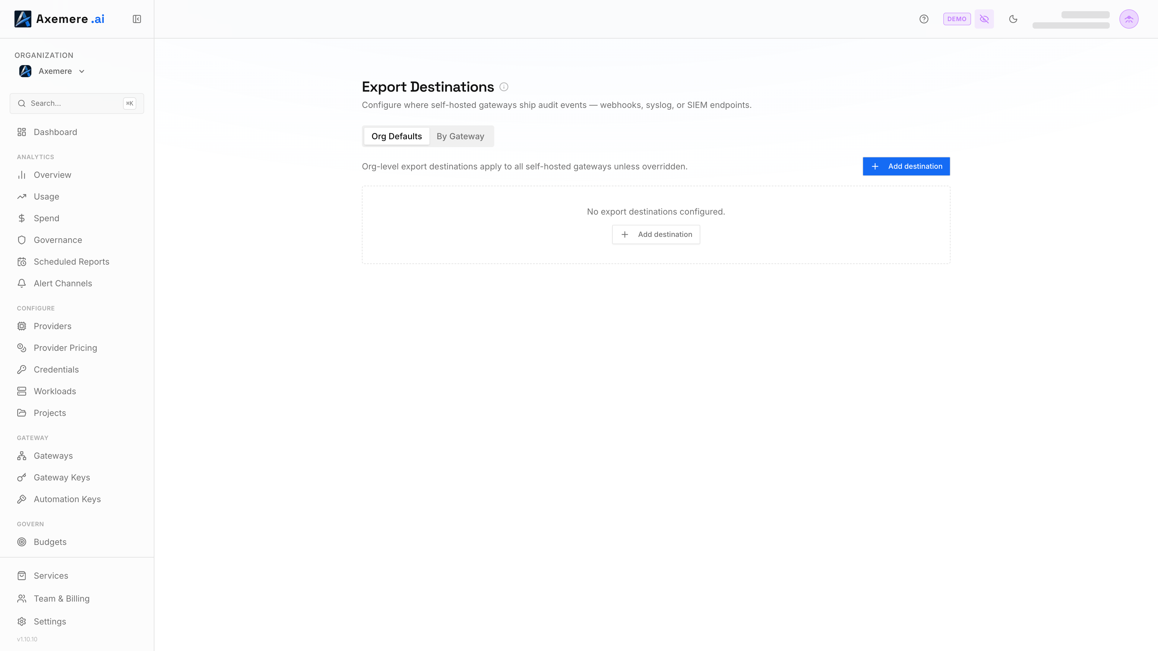 Axemere Console — Export Destinations