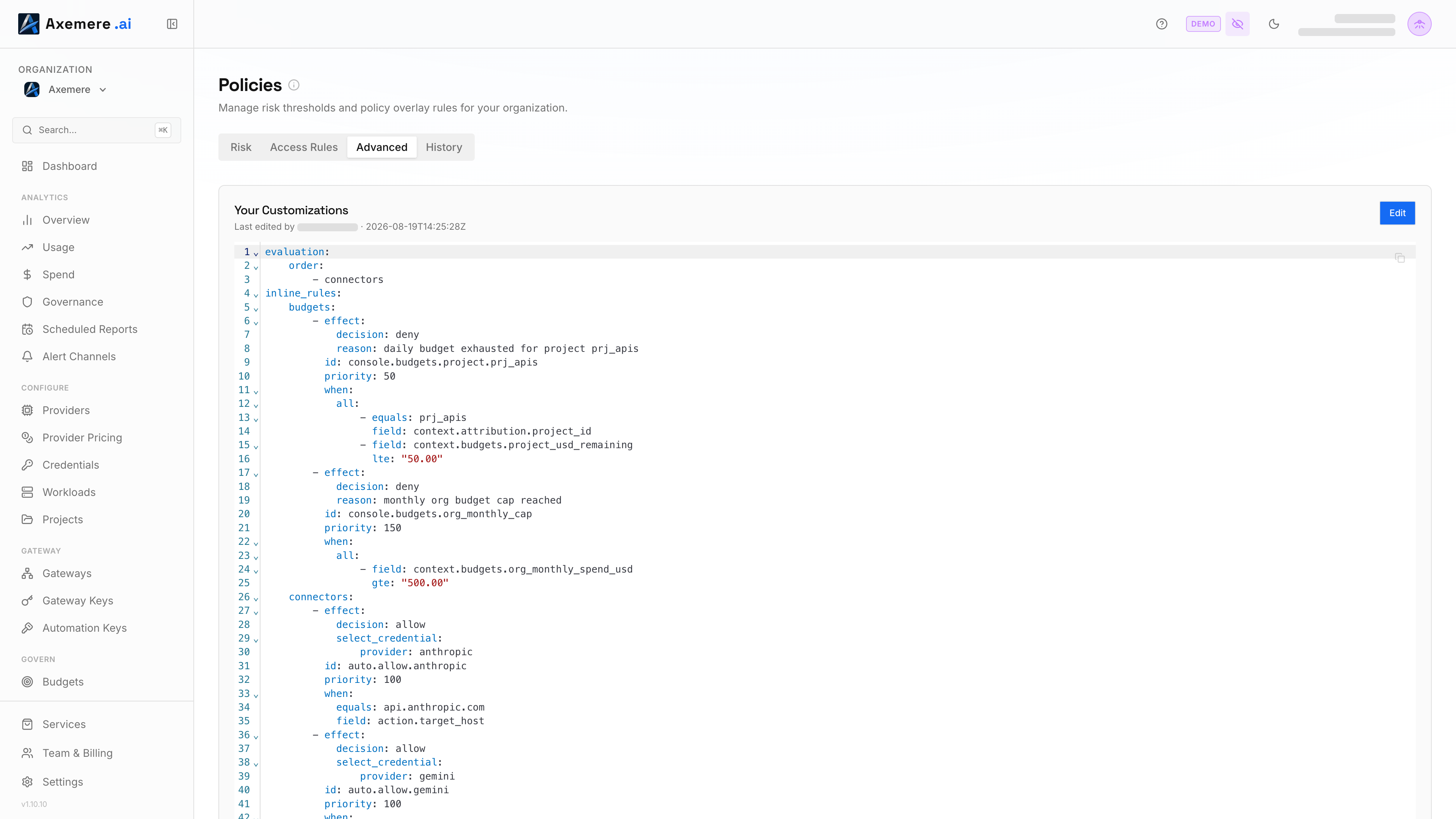Axemere Console — Policies (Advanced)