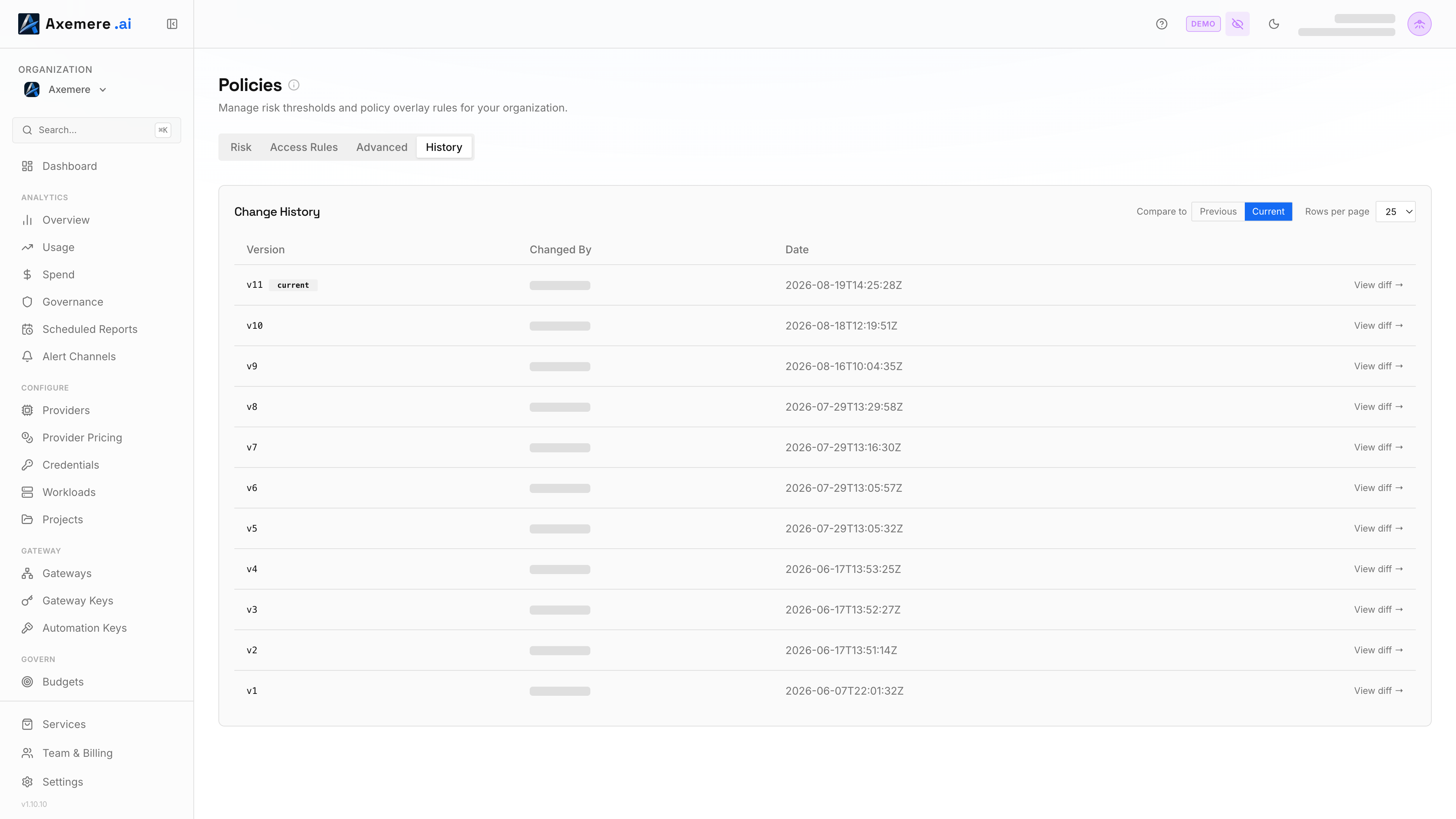Axemere Console — Policy History