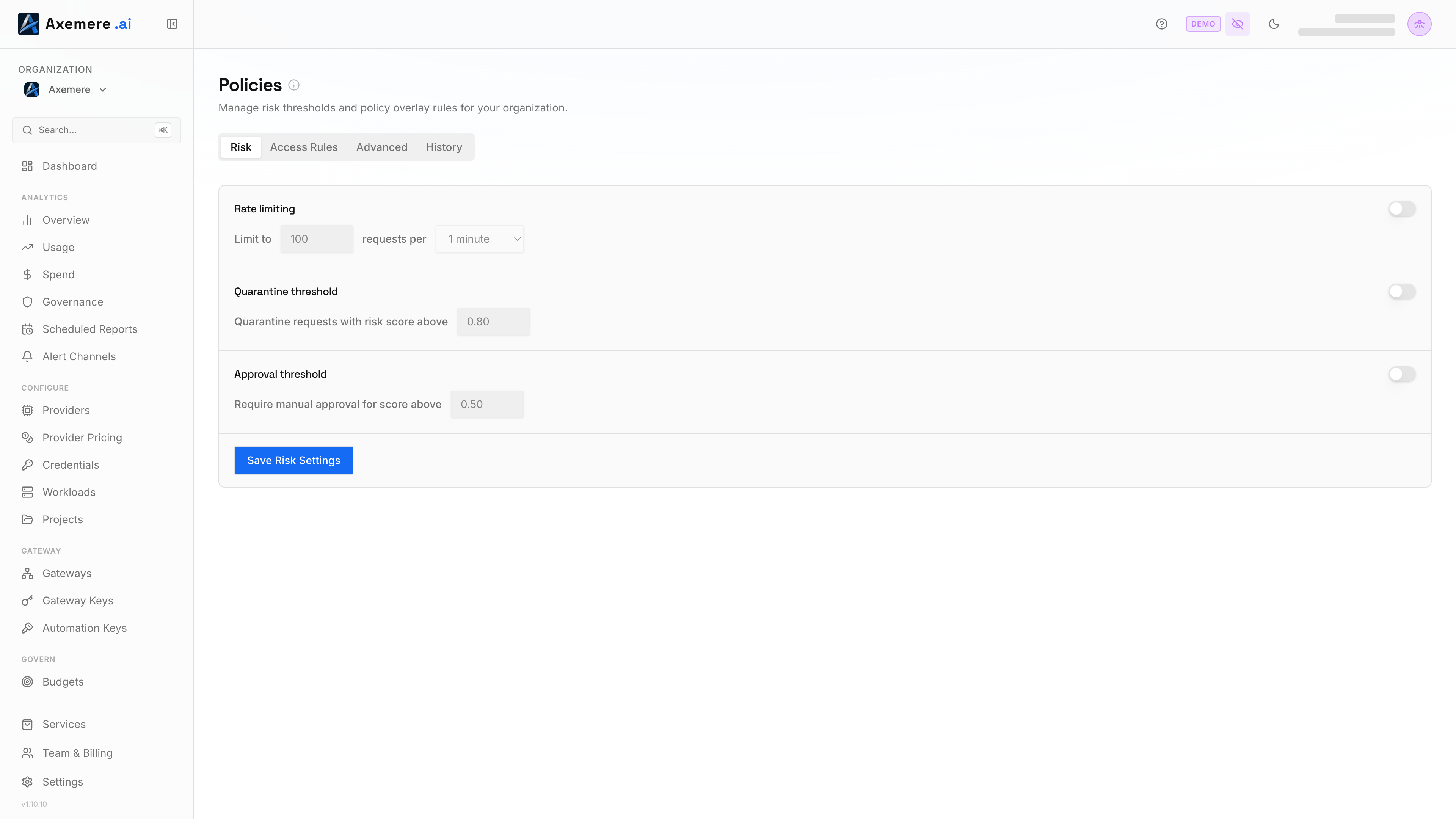 Axemere Console — Policies (Risk Scoring)
