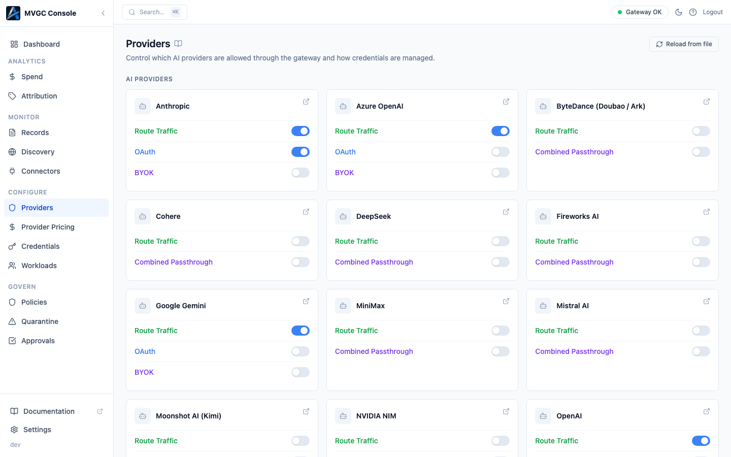 Providers page listing AI provider integrations