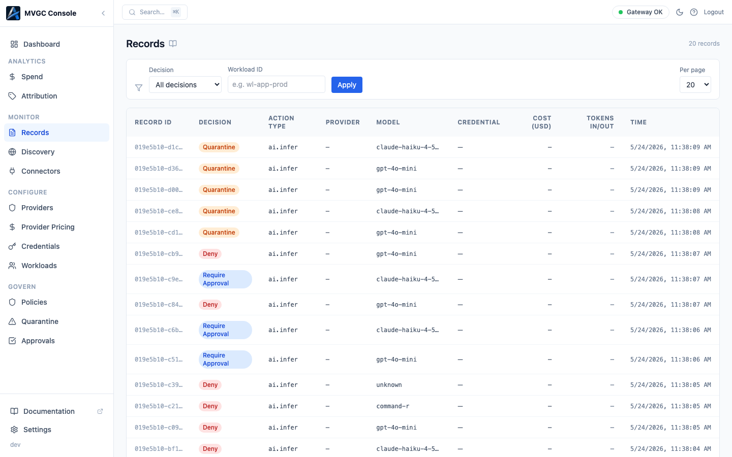Records page showing the request execution log