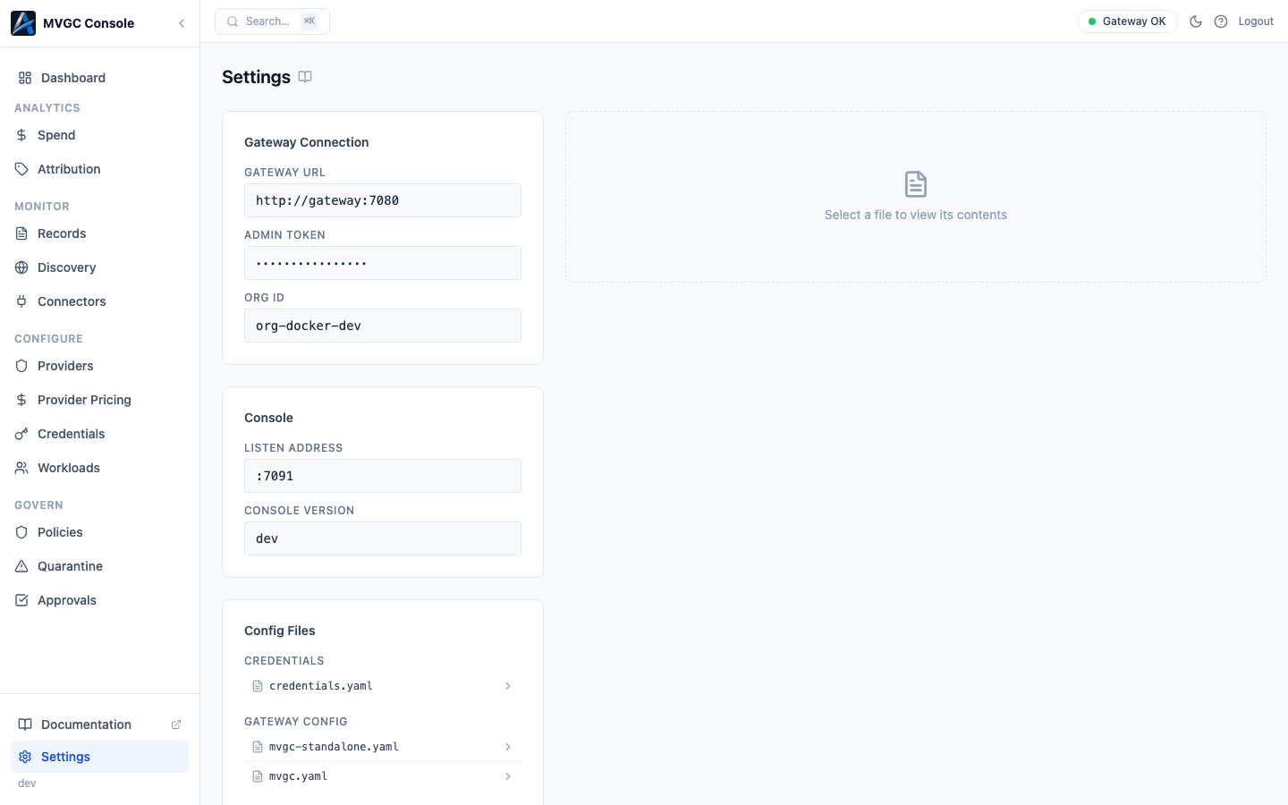 Settings page showing gateway connection details